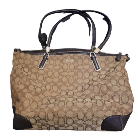 SOLD Coach Shoulder Bag Brown and Tan Signature Leather and Canvas Monogram - Picture 7 of 12